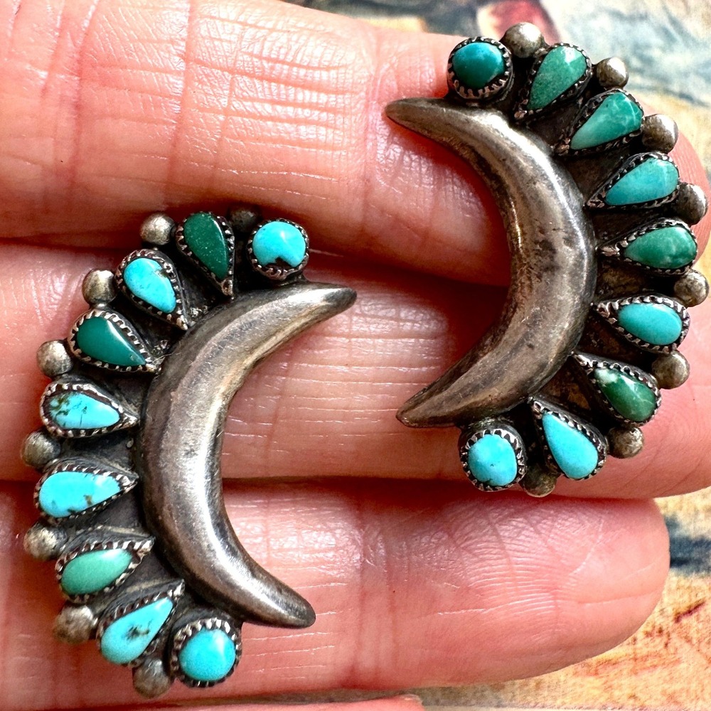 Zuni Turquoise Earrings Moon Screw Back Sterling MCM Native American Old Clip On